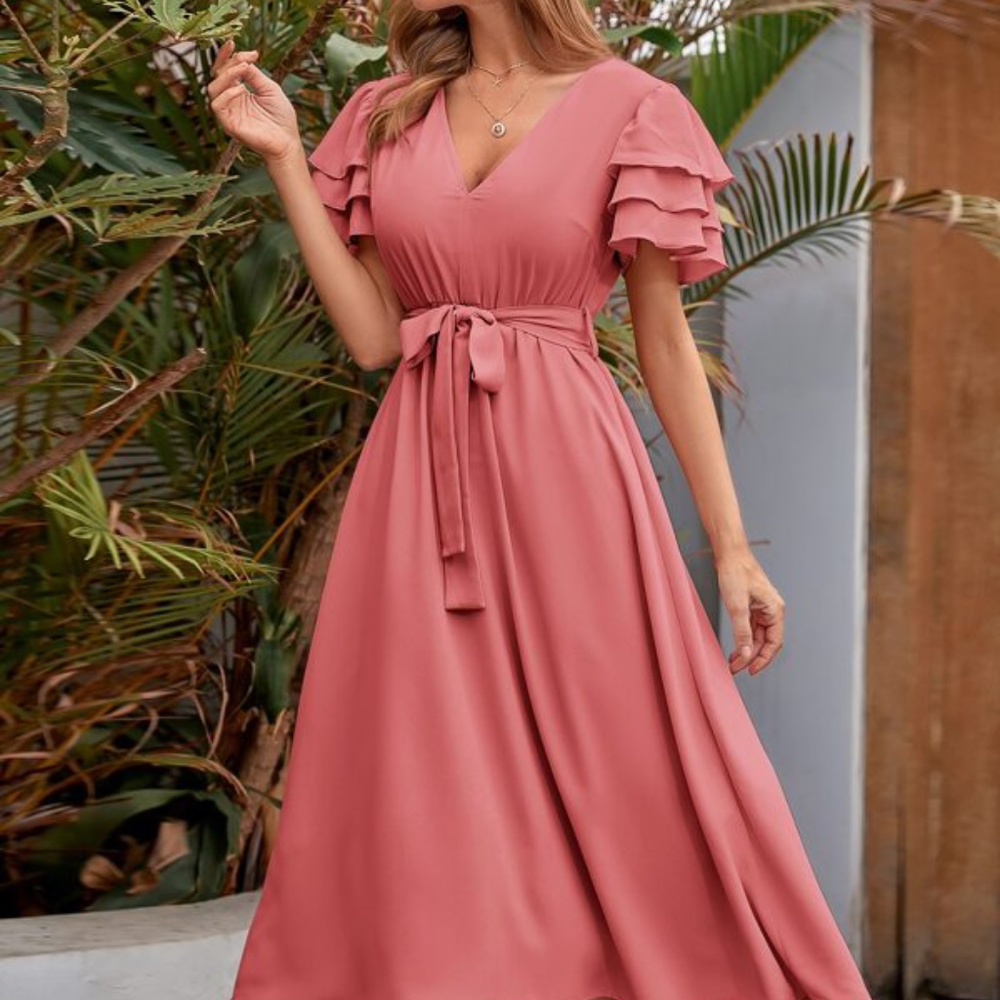 Boho Blush Pink Butterfly Ruffle Sleeve Midi Dress Minimalist - Picture 9 of 15